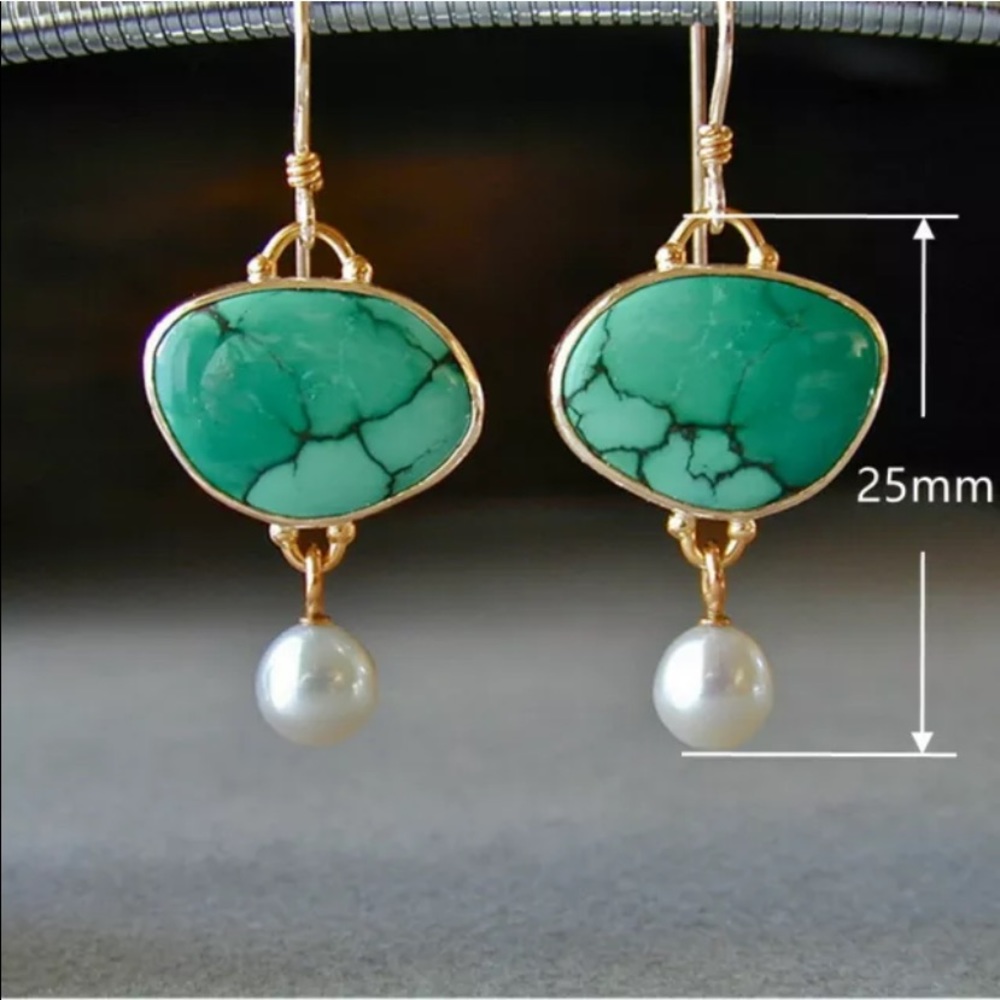 18kt gold plated drop earrings turquoise with pear drop. jewelry a hanging loop - Picture 7 of 11
